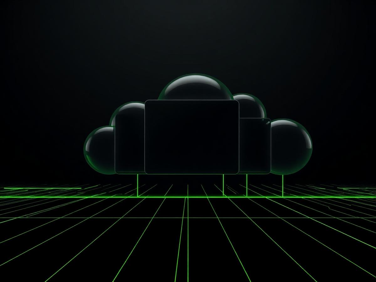 Abstract dark cloud infrastructure render with green grid