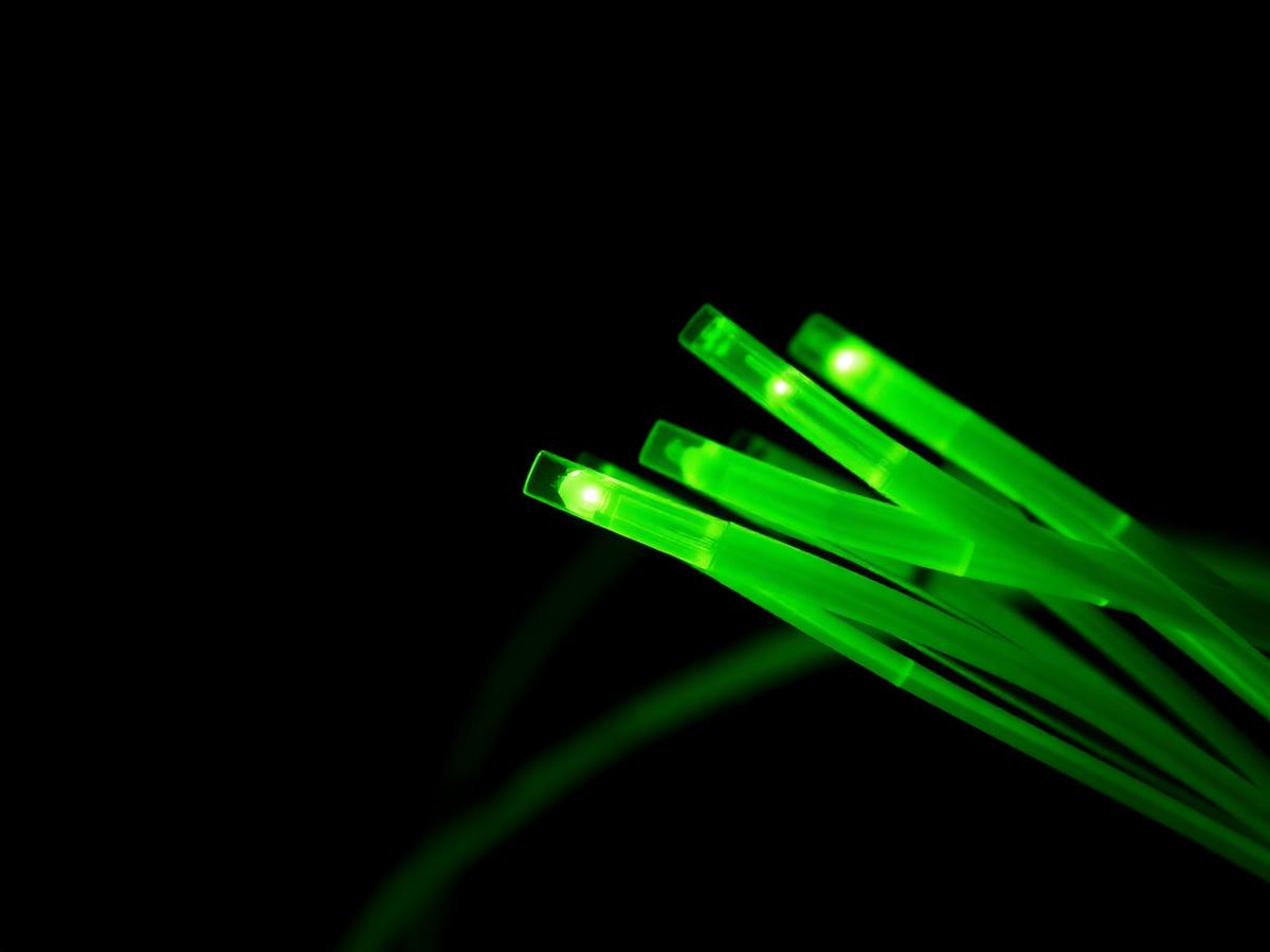 Glowing green fibre optic strands on black