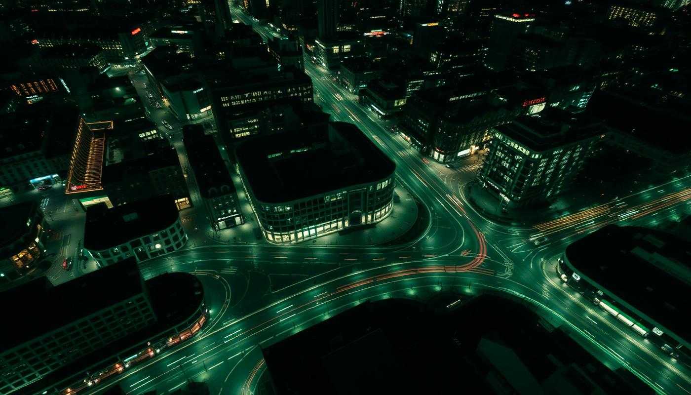Aerial night view of London streets with light trails
