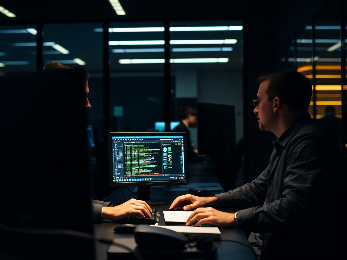 Two IT engineers reviewing systems in a dark office